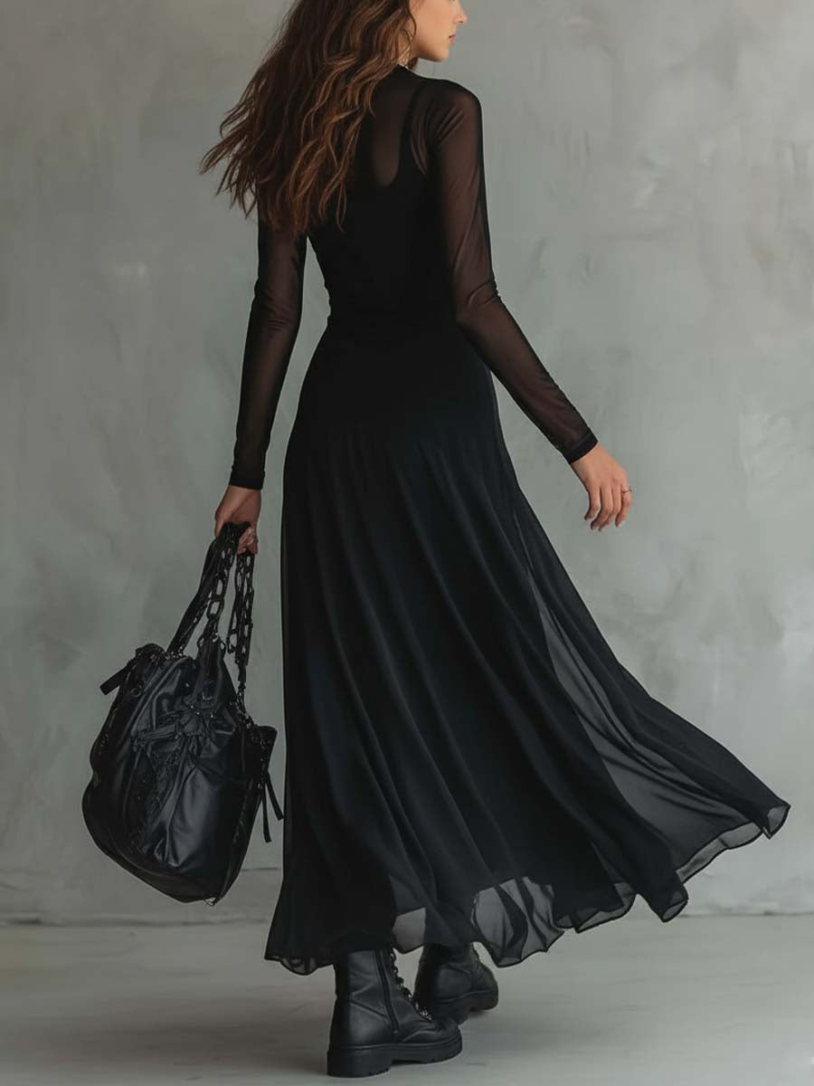 Elena | Robe maxi noire avec manches transparentes