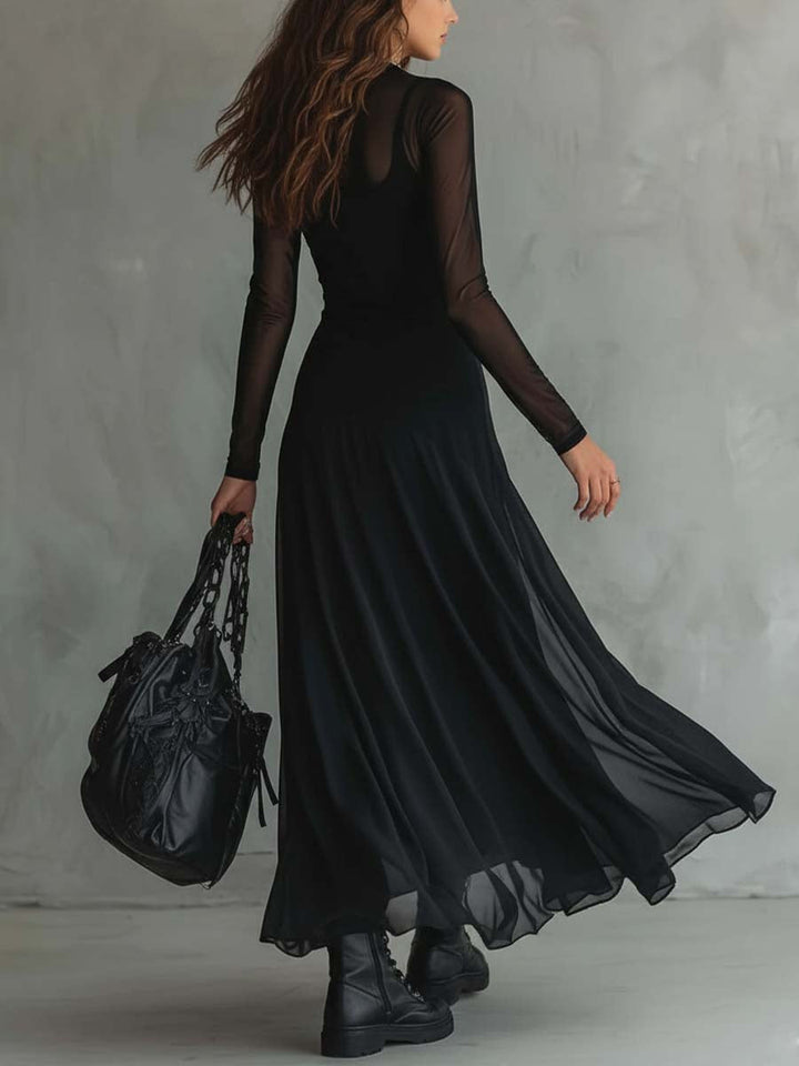 Elena | Robe maxi noire avec manches transparentes