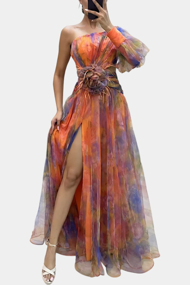 Amelie | Robe Maxi Asymétrique à Épaule Unique avec Imprimé Artistique