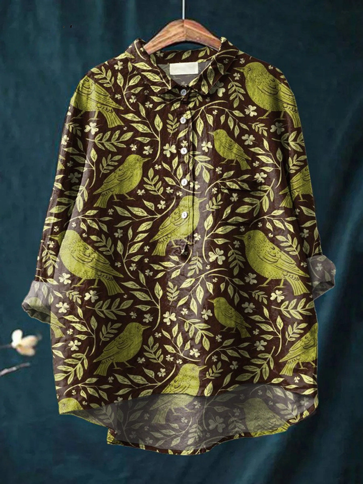 Remedios | T-shirt Casual en Art Floral Vintage d'Oiseaux