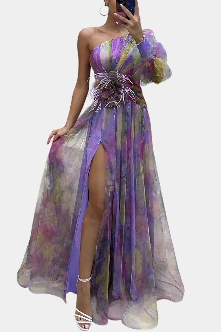 Amelie | Robe Maxi Asymétrique à Épaule Unique avec Imprimé Artistique