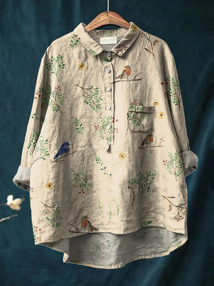Jimena | Chemise Décontractée Femme avec Imprimé de Branches et Oiseaux Robin