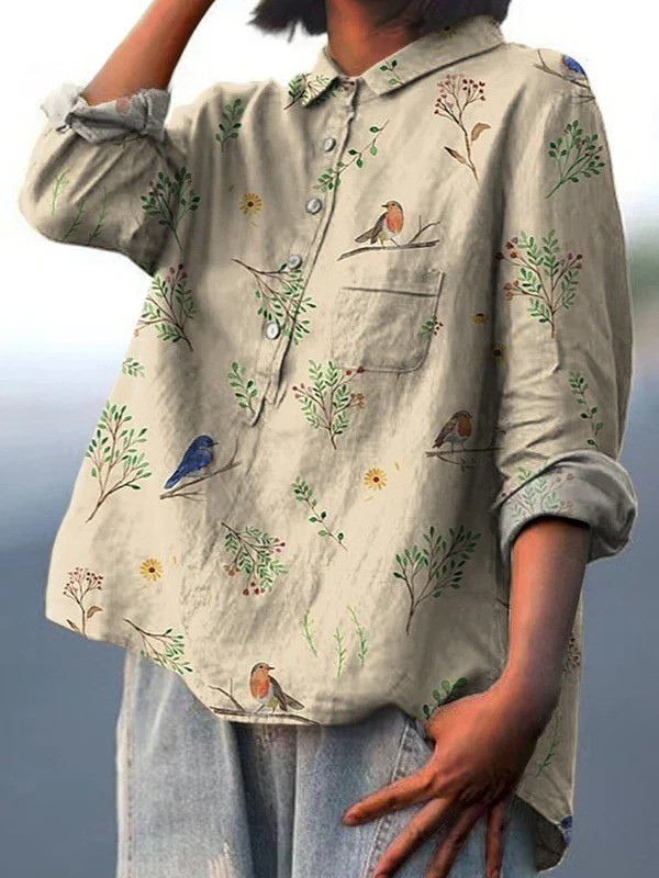 Jimena | Chemise Décontractée Femme avec Imprimé de Branches et Oiseaux Robin