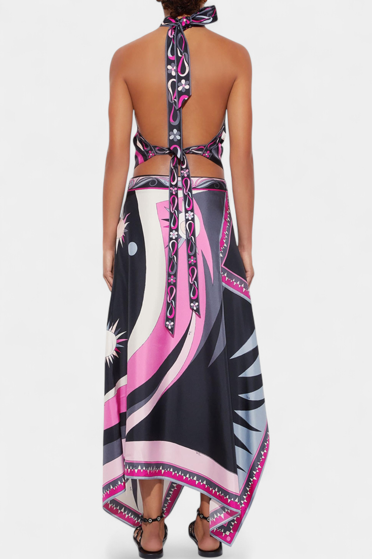 Ciana | Ensemble Satin avec Jupe Abstraite et Top Halter
