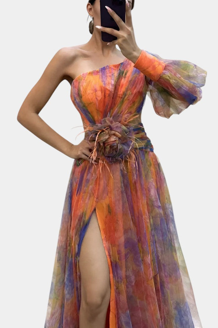 Amelie | Robe Maxi Asymétrique à Épaule Unique avec Imprimé Artistique