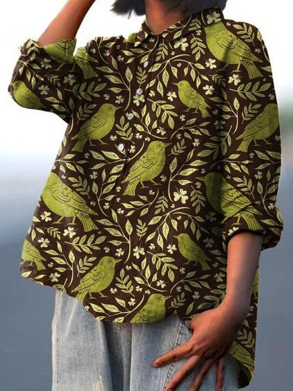 Remedios | T-shirt Casual en Art Floral Vintage d'Oiseaux