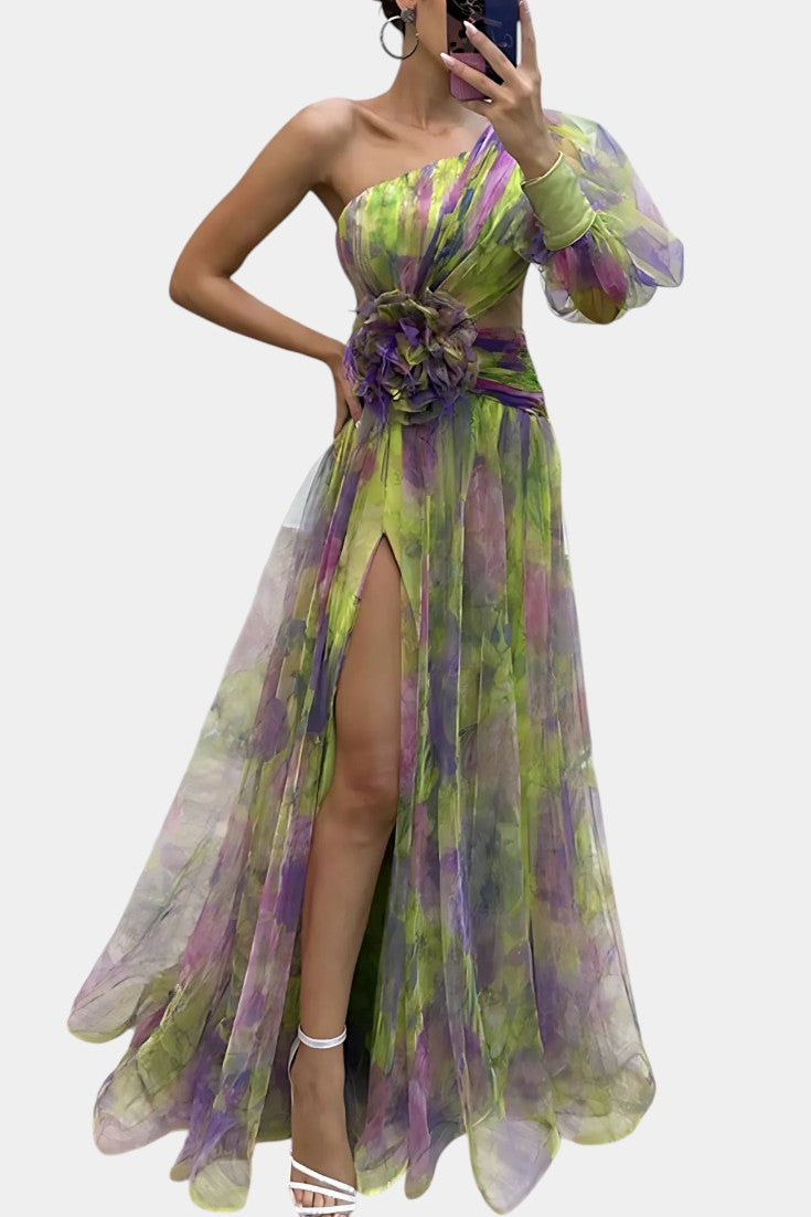Amelie | Robe Maxi Asymétrique à Une Épaule avec Imprimé Artistique