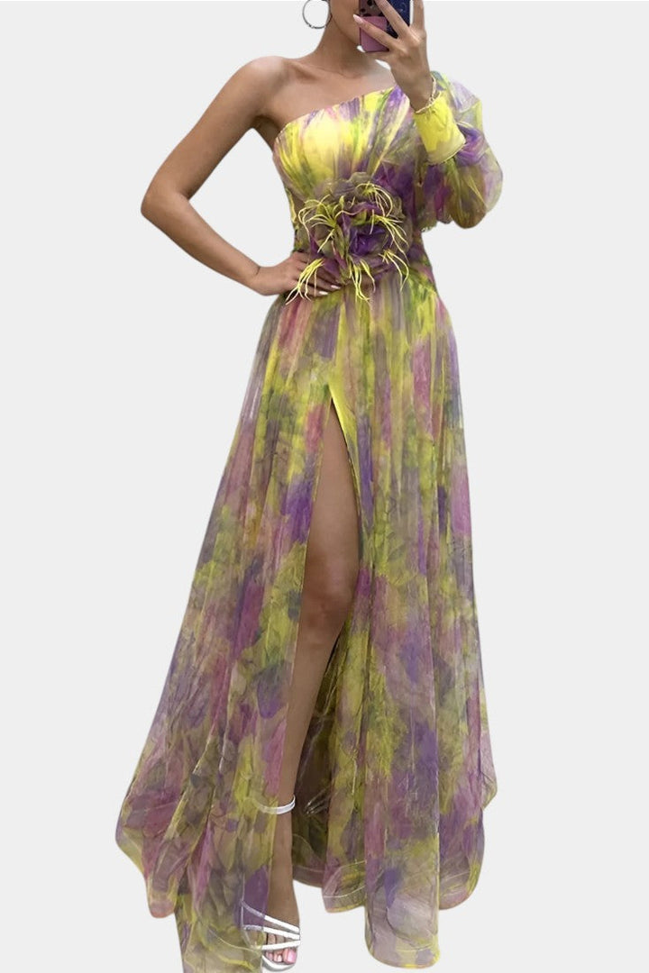 Amelie | Robe Maxi Asymétrique à Une Épaule avec Imprimé Artistique