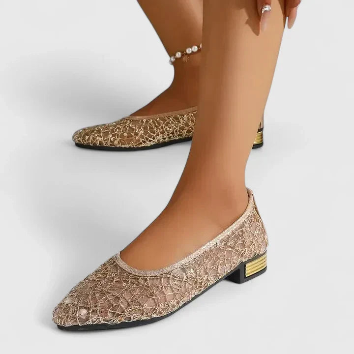 Celeste | Ballerines en Dentelle avec Bout Fin et Détail Doré