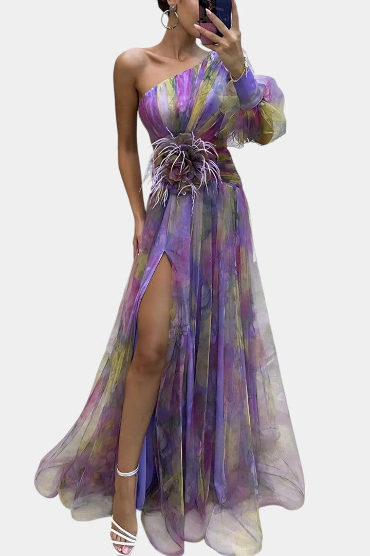 Amelie | Robe Maxi Asymétrique à Épaule Unique avec Imprimé Artistique