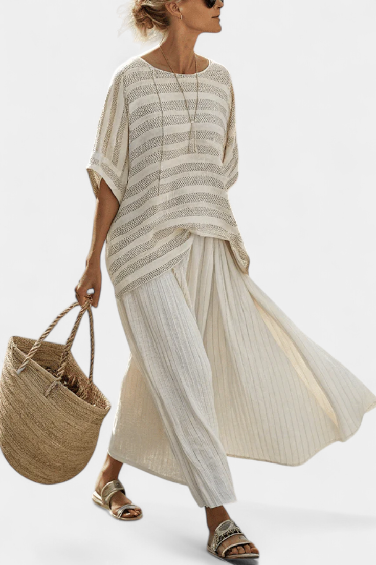 Graziella | Haut à rayures en bambou naturel et pantalon en lin fluide