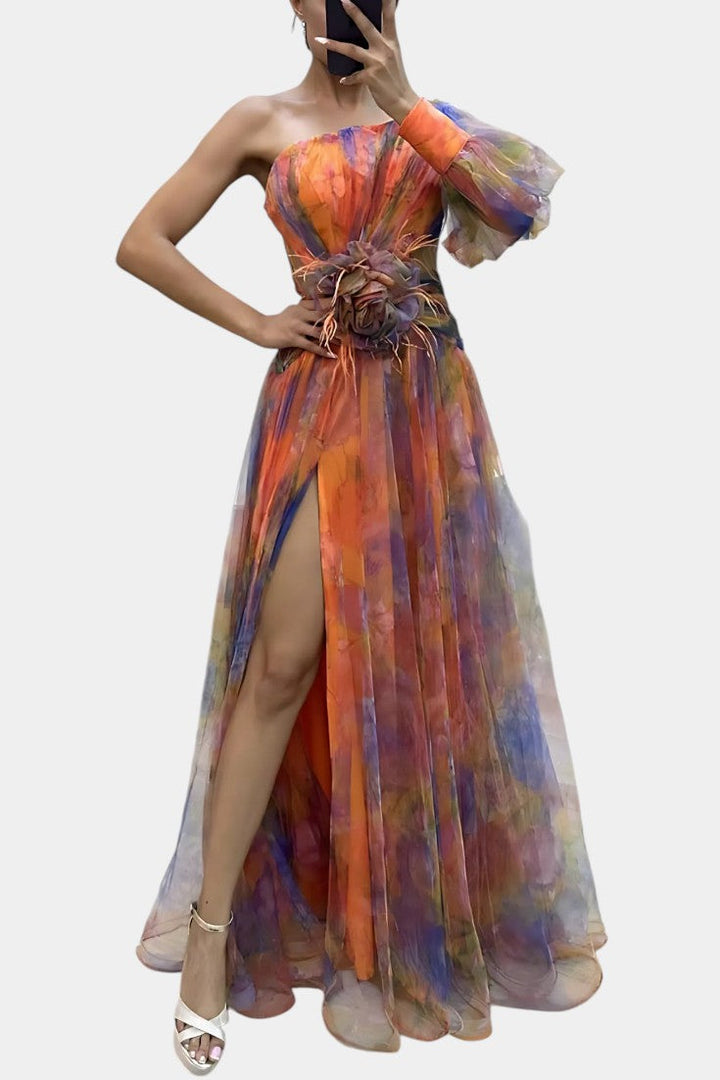 Amelie | Robe Maxi Asymétrique à Épaule Unique avec Imprimé Artistique