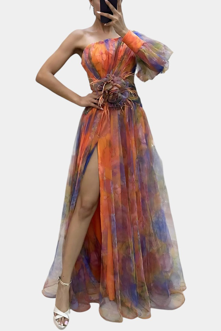 Amelie | Robe Maxi Asymétrique à Une Épaule avec Imprimé Artistique