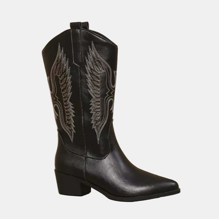 Isabella | Bottes de Cowboy en Cuir Noir avec Détails Plumés
