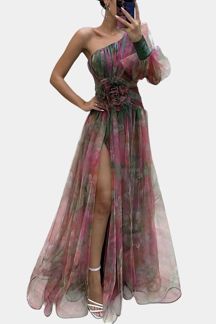 Amelie | Robe Maxi Asymétrique à Épaule Unique avec Imprimé Artistique