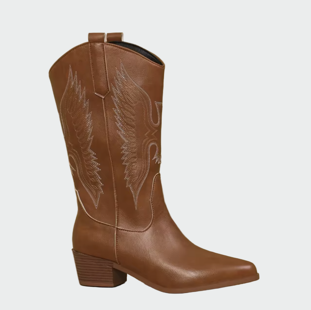 Isabella | Bottes de Cowboy en Cuir Noir avec Détails Plumés
