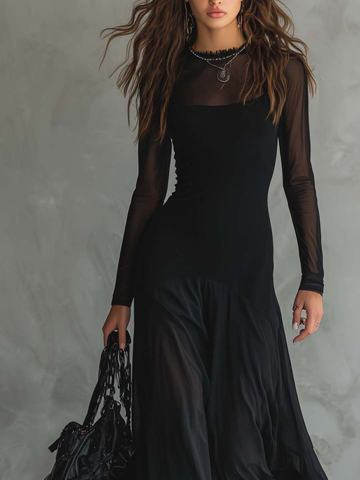 Elena | Robe maxi noire avec manches transparentes