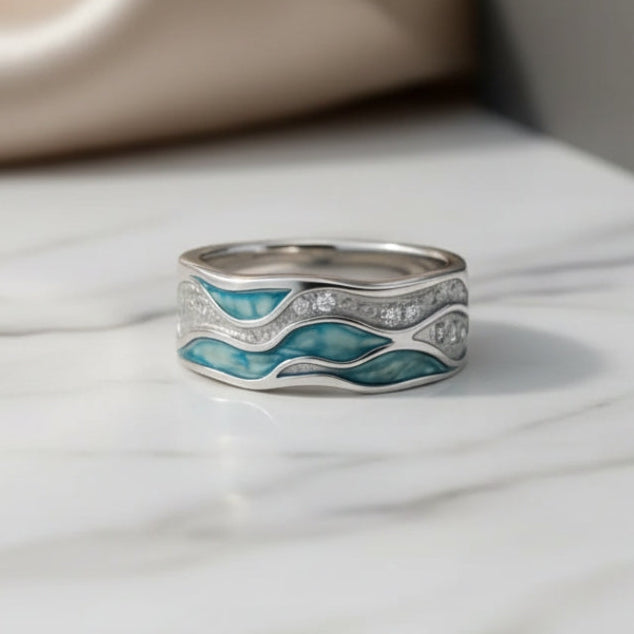 Bague Ondes Argentées avec Turquoise