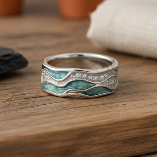 Bague Ondes Argentées avec Turquoise