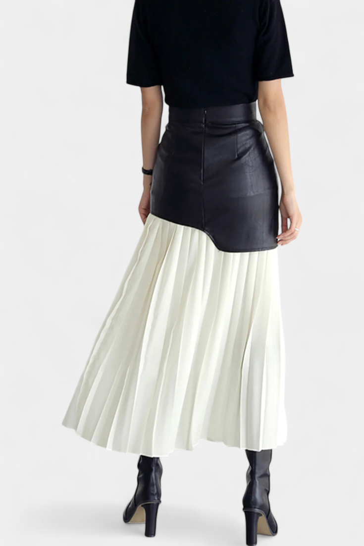 Noelle | Jupe Maxi Asymétrique en Chiffon et Cuir Synthétique