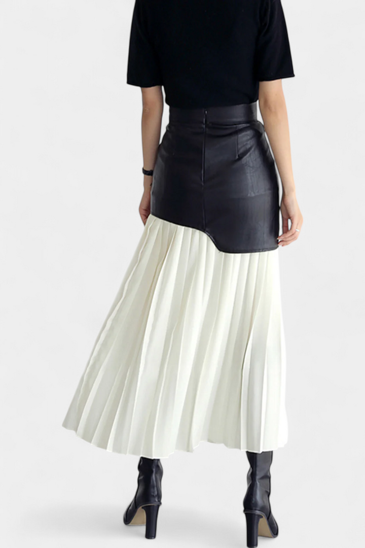Noelle | Jupe Maxi Asymétrique en Chiffon et Cuir Synthétique