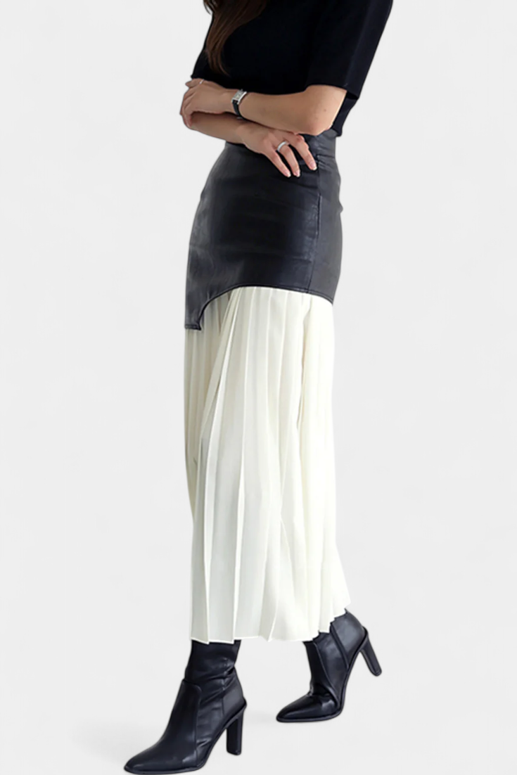 Noelle | Jupe Maxi Asymétrique en Chiffon et Cuir Synthétique