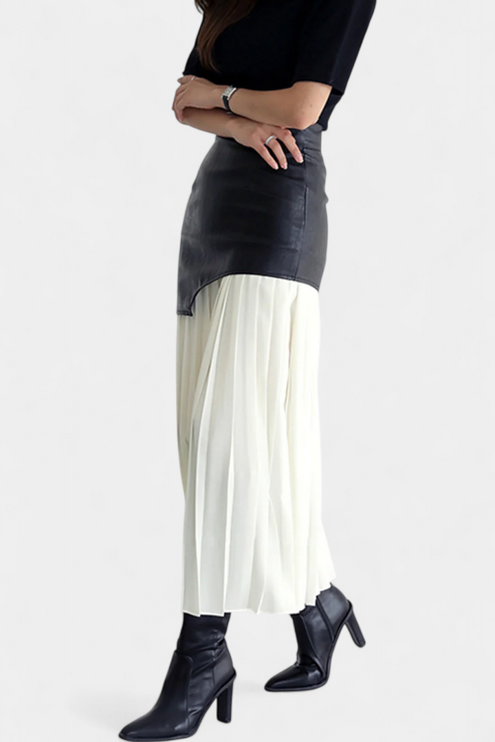 Noelle | Jupe Maxi Asymétrique en Chiffon et Cuir Synthétique