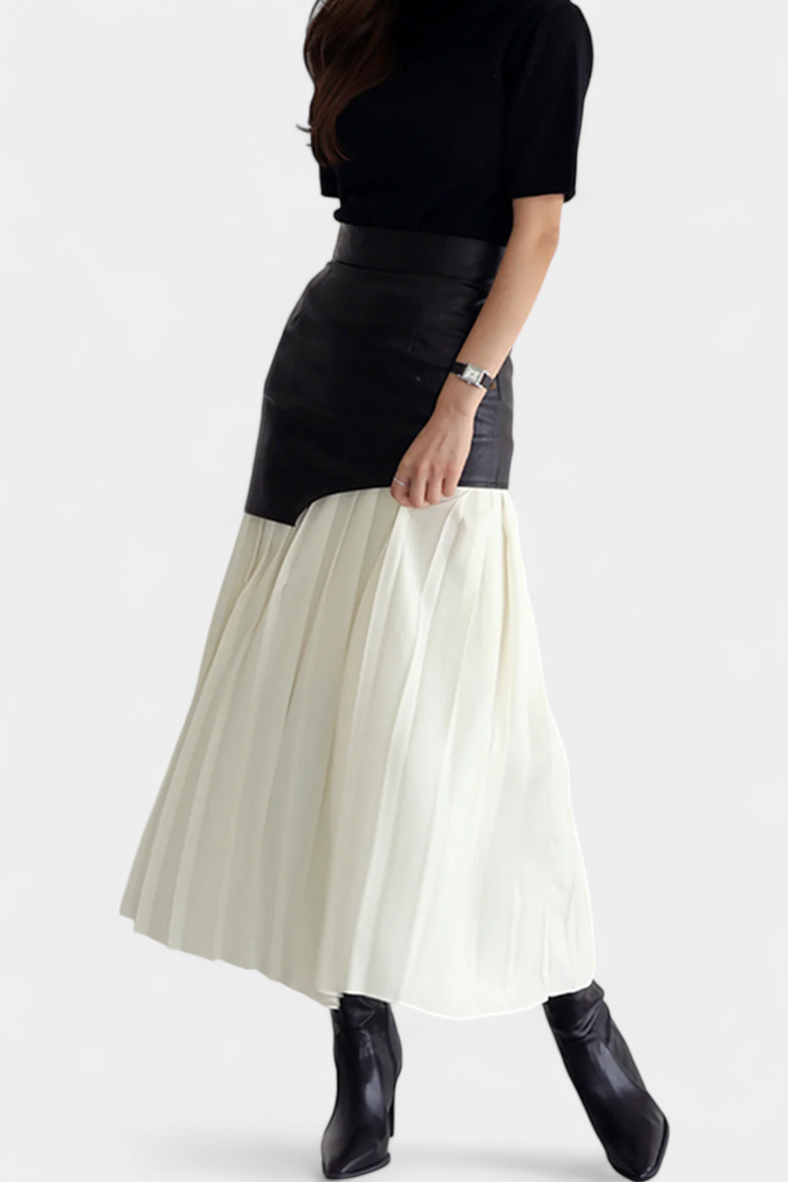 Noelle | Jupe Maxi Asymétrique en Chiffon et Cuir Synthétique