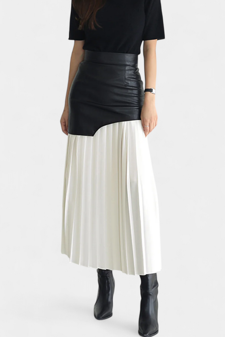 Noelle | Jupe Maxi Asymétrique en Chiffon et Cuir Synthétique