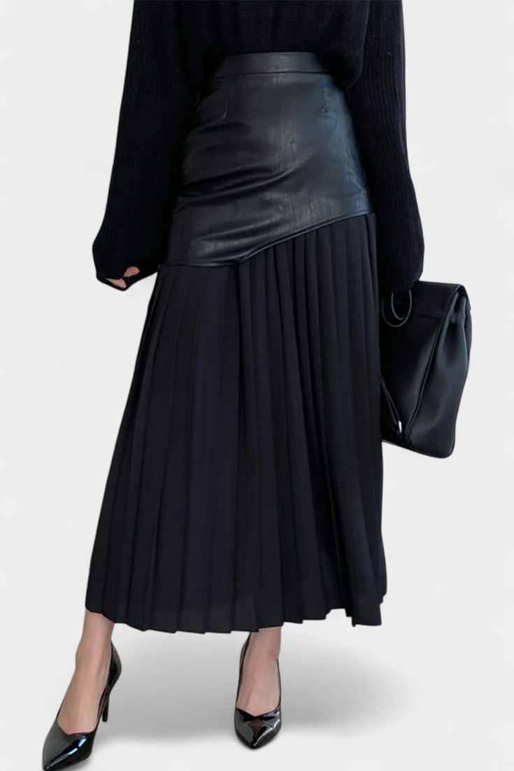 Noelle | Jupe Maxi Asymétrique en Chiffon et Cuir Synthétique