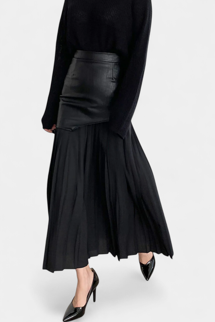 Noelle | Jupe Maxi Asymétrique en Chiffon et Cuir Synthétique