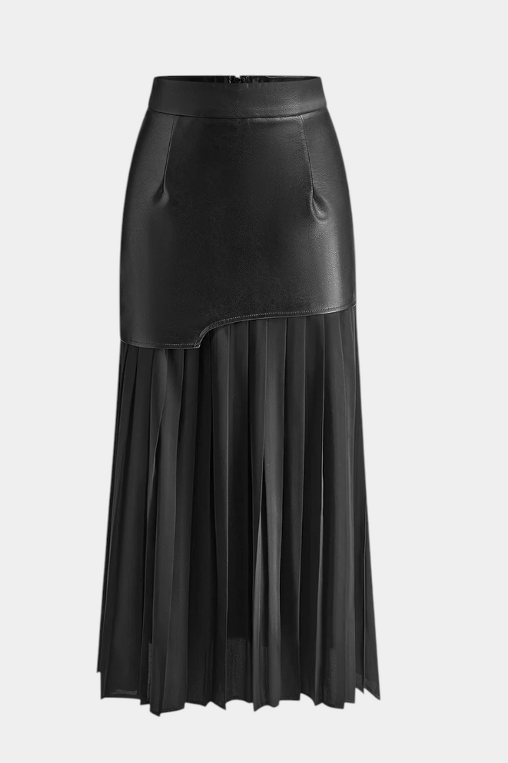 Noelle | Jupe Maxi Asymétrique en Chiffon et Cuir Synthétique