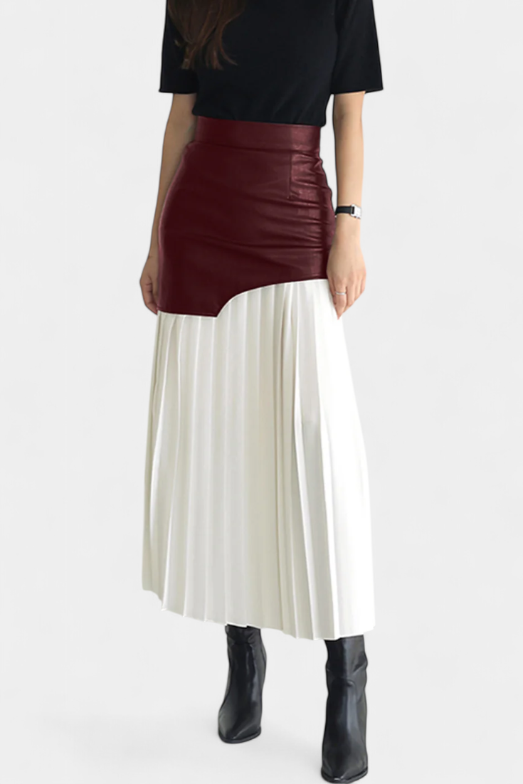 Noelle | Jupe Maxi Asymétrique en Chiffon et Cuir Synthétique