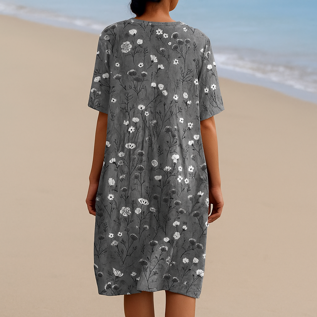 María - Robe Florale en Charbon avec Accents Blancs