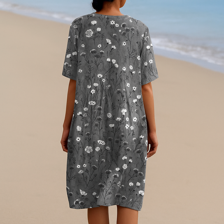 María - Robe Florale en Charbon avec Accents Blancs