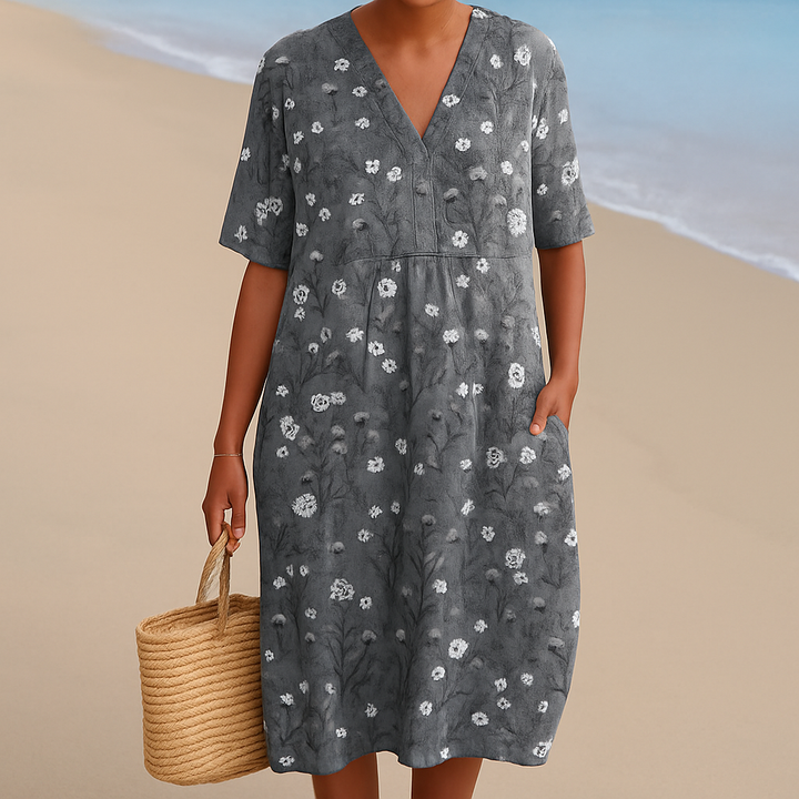 María - Robe Florale en Charbon avec Accents Blancs