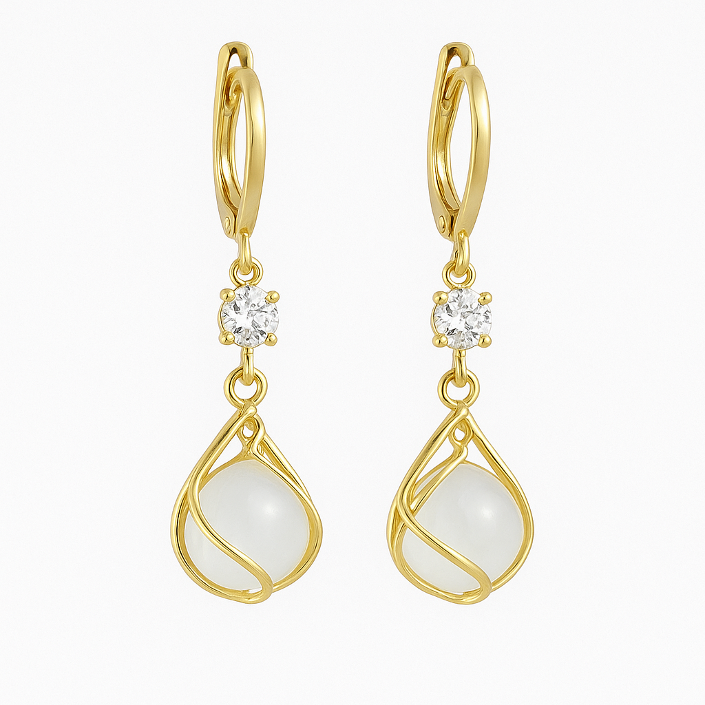 Boucles d'oreilles pendantes en opale blanche avec fil doré