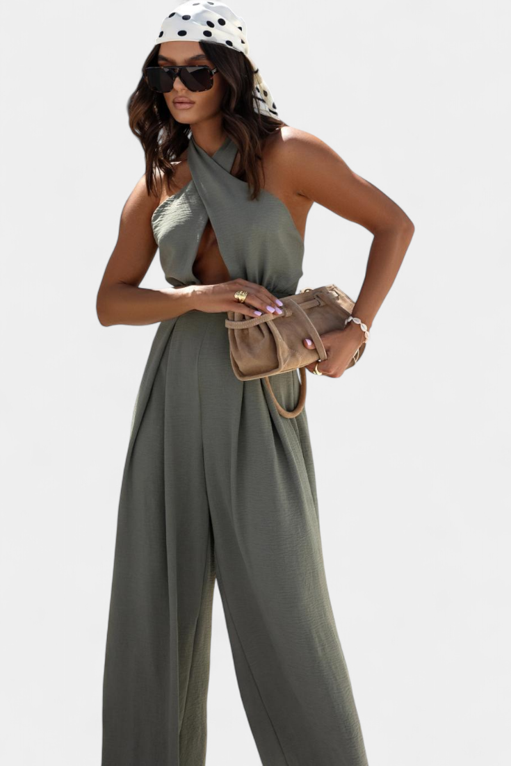 Jessica | Mono Halter Croisé sans Dos et Pantalon Large