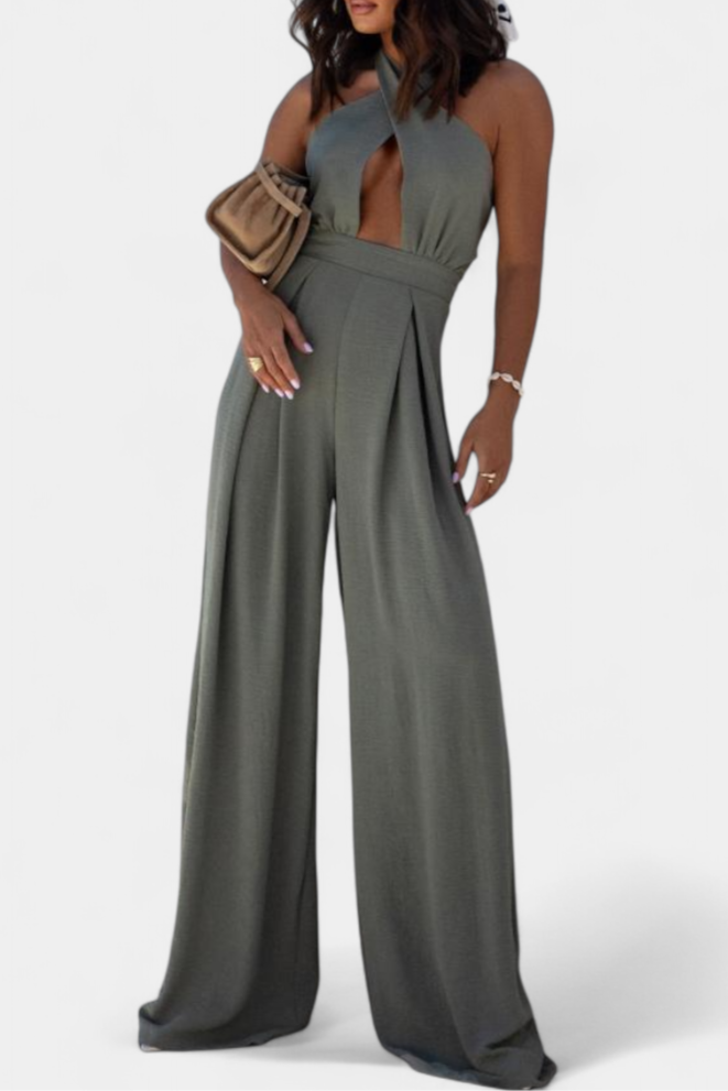 Jessica | Combinaison Halter Croisée Sans Dos et Jambes Larges