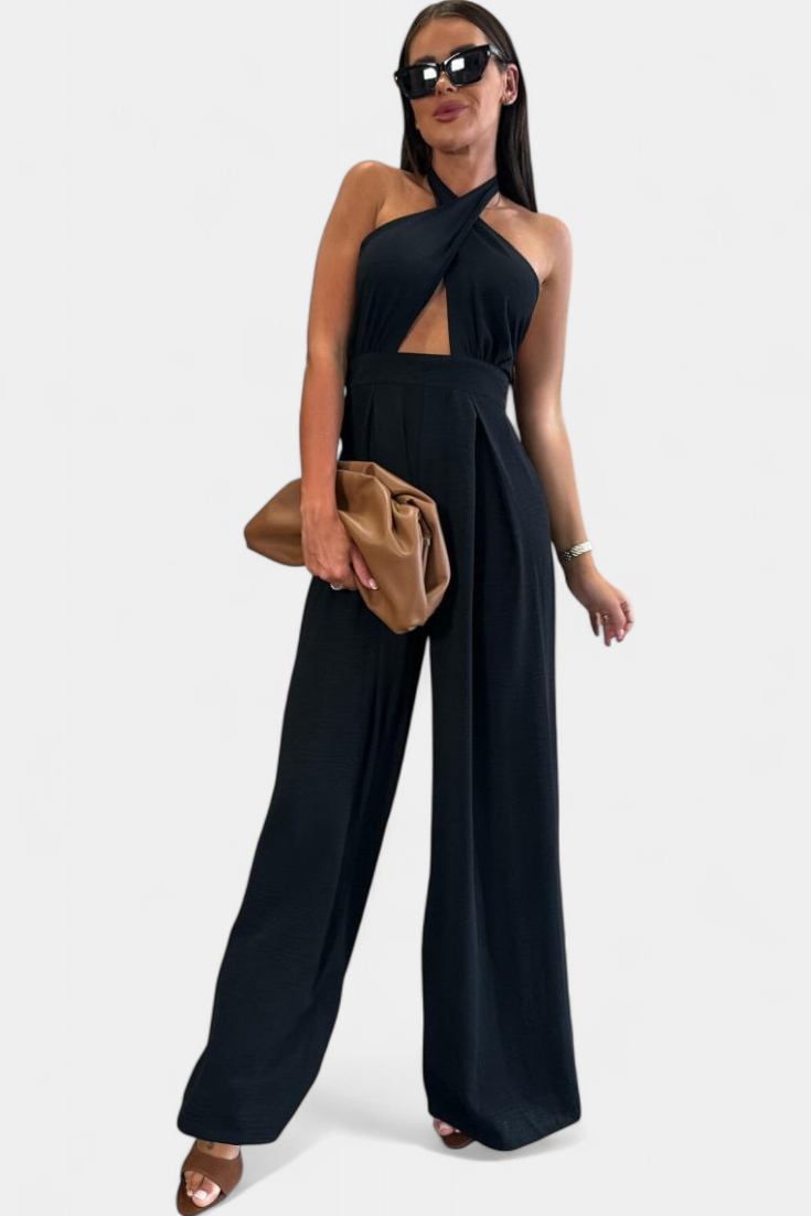 Jessica | Combinaison Halter Croisée Sans Dos et Jambes Larges