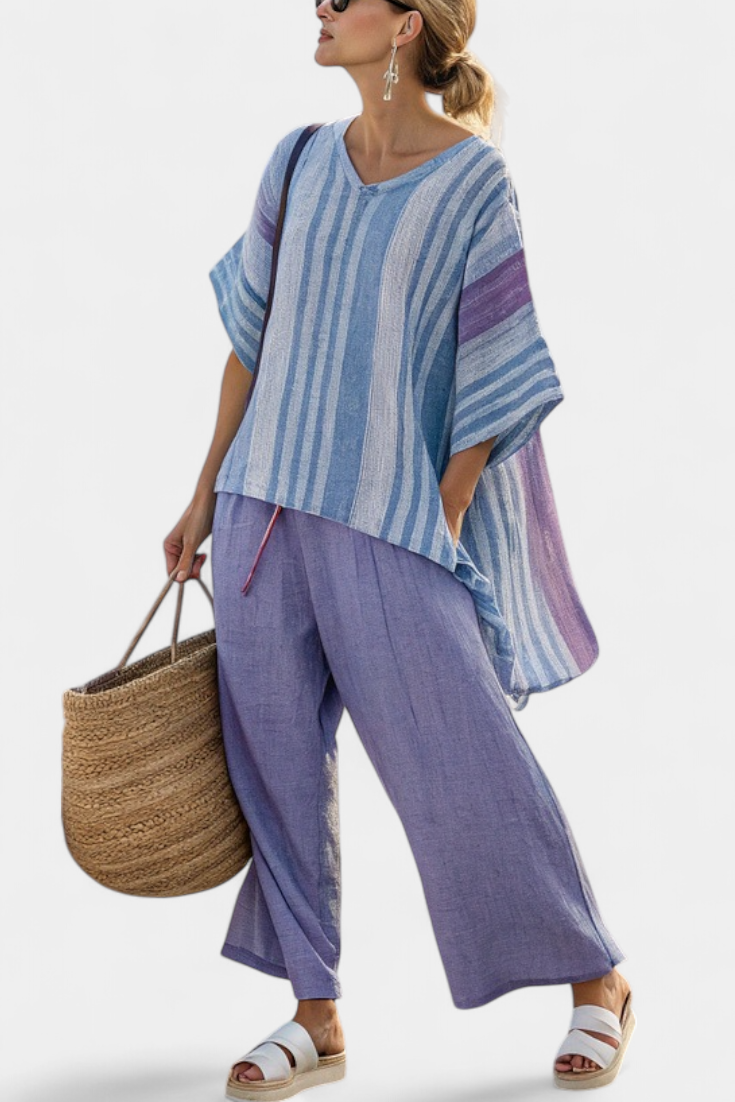 Carlotta | Haut élégant en lavande et bleu ciel avec pantalon en lin