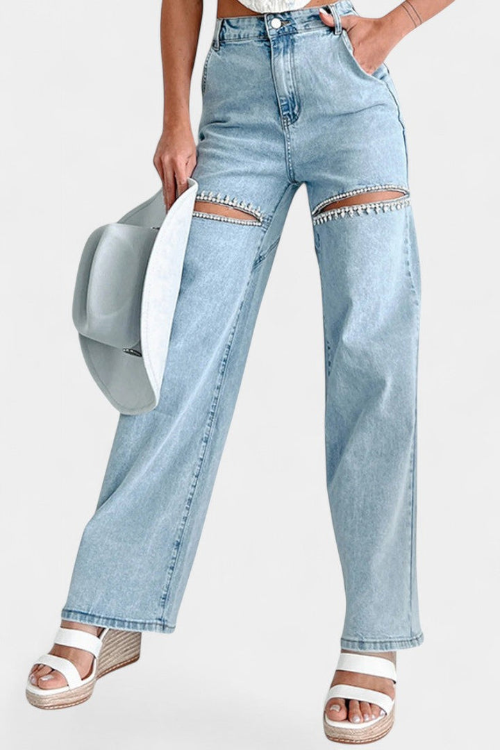 Evian | Jeans Ripped Straight-Leg avec Rhinestones