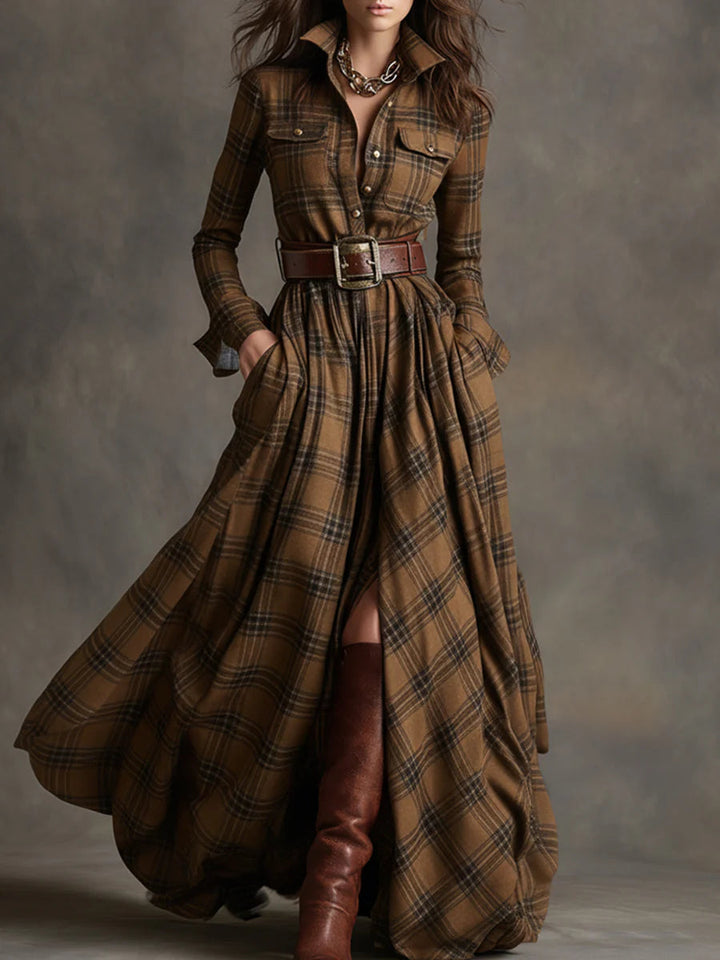 Beatriz | Robe longue à carreaux avec ceinture