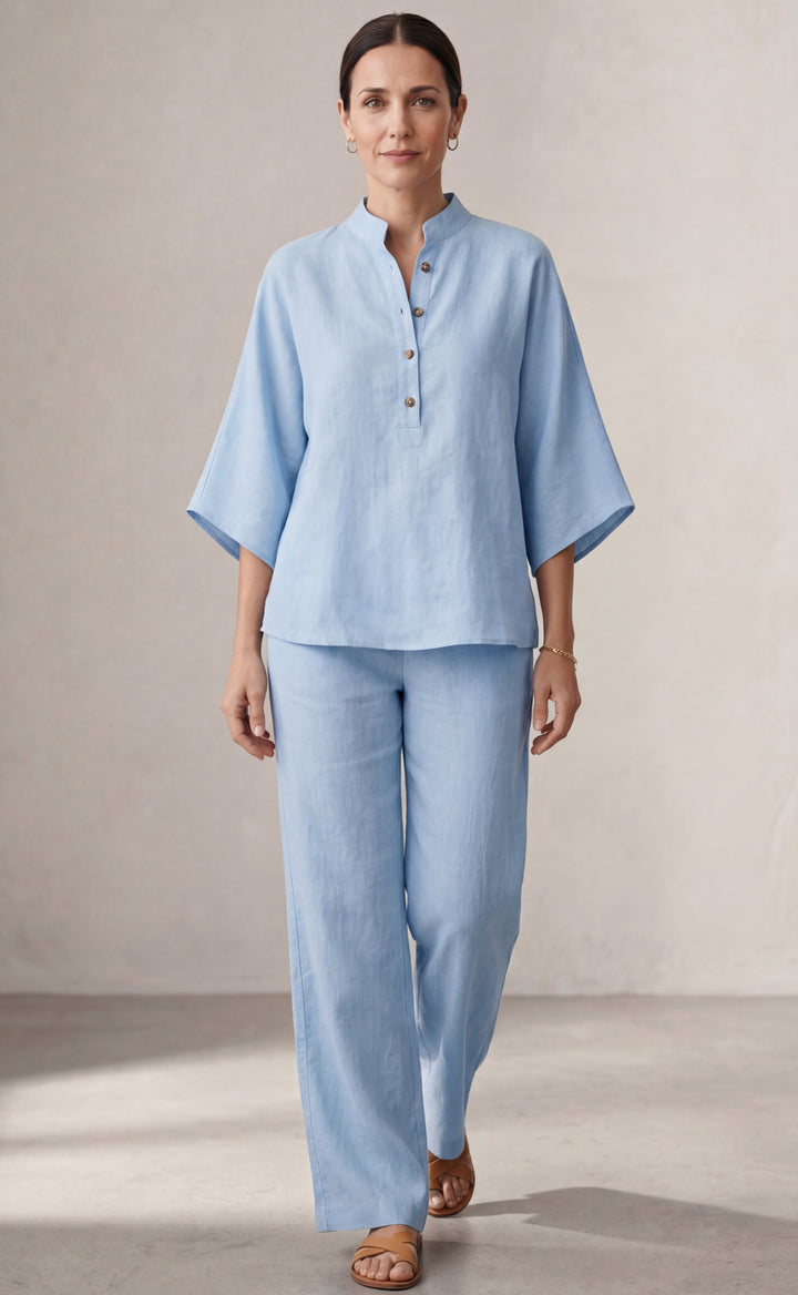 Mariel | Ensemble de deux pièces effet lin avec manches chauve-souris et pantalon fluide