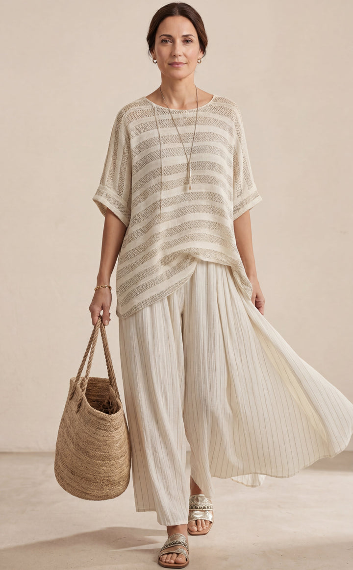 Graziella | Haut à rayures en bambou naturel et pantalon en lin fluide