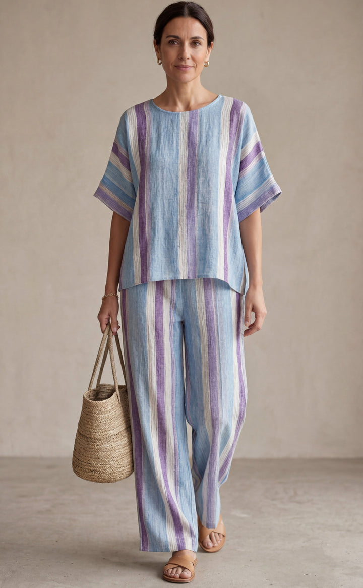 Ginevra | Haut élégant en ton mauve pastel et pantalons en lin rayés