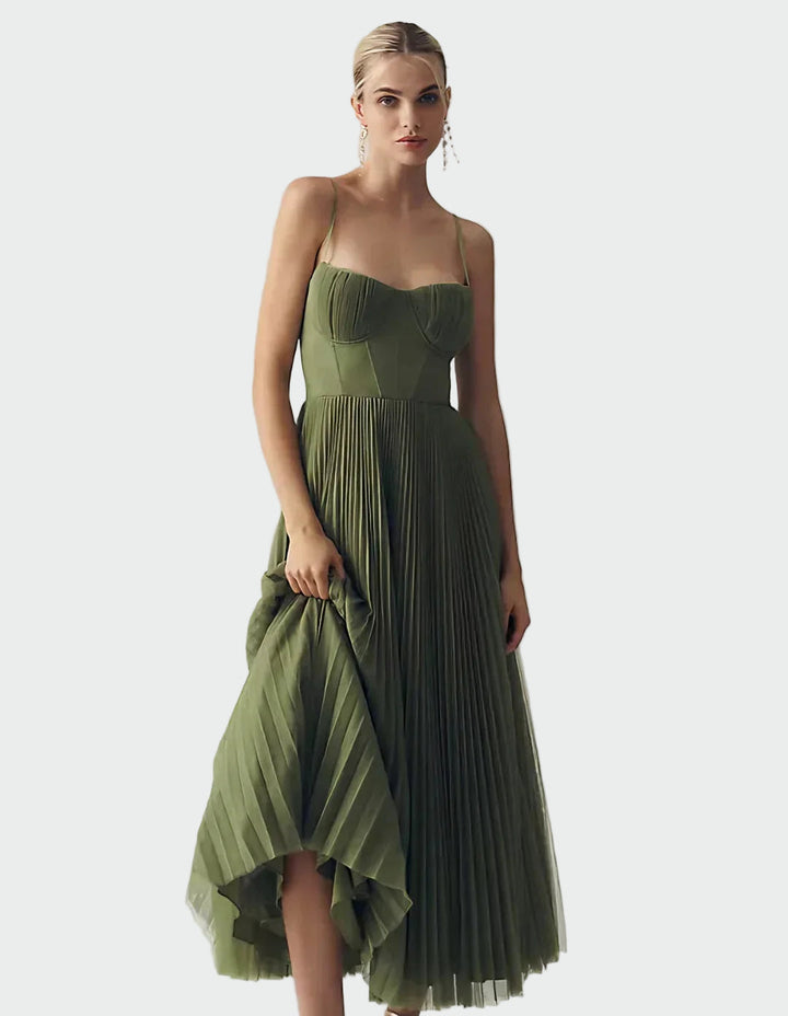 AMBER | ROBE EN TUL PLISSE AVEC DRAPÉ ASYMÉTRIQUE