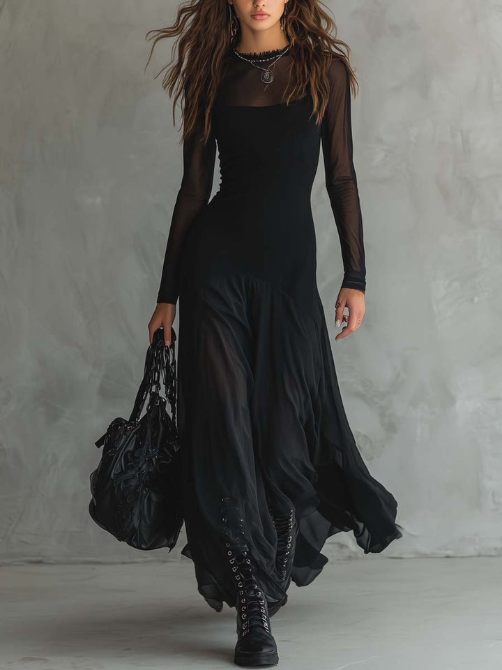 Elena | Robe maxi noire avec manches transparentes