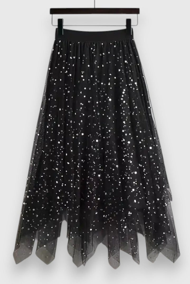 Colette | Jupe à Paillettes avec Ourlet Froncé et Taille Haute