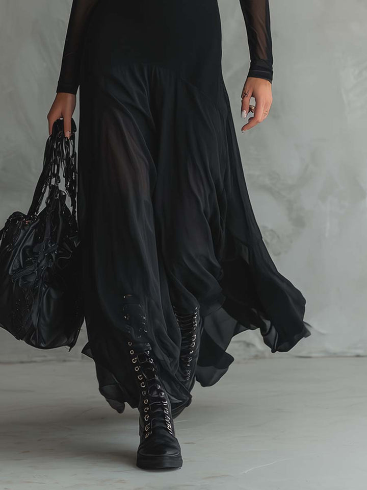 Elena | Robe maxi noire avec manches transparentes